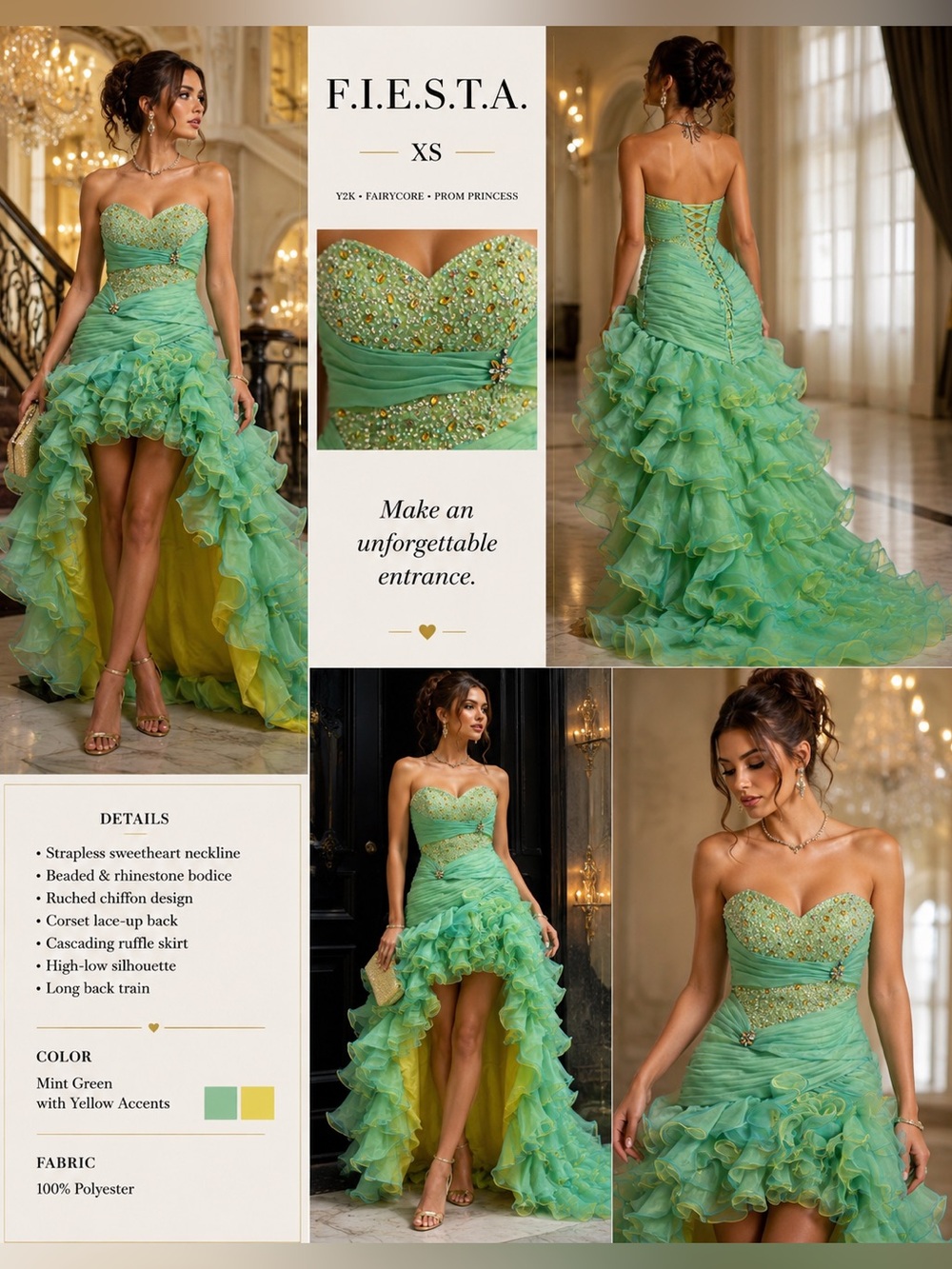 FIESTA XS Y2K Strapless High Low Prom Dress Beaded Ruffle Corset Green Gown
